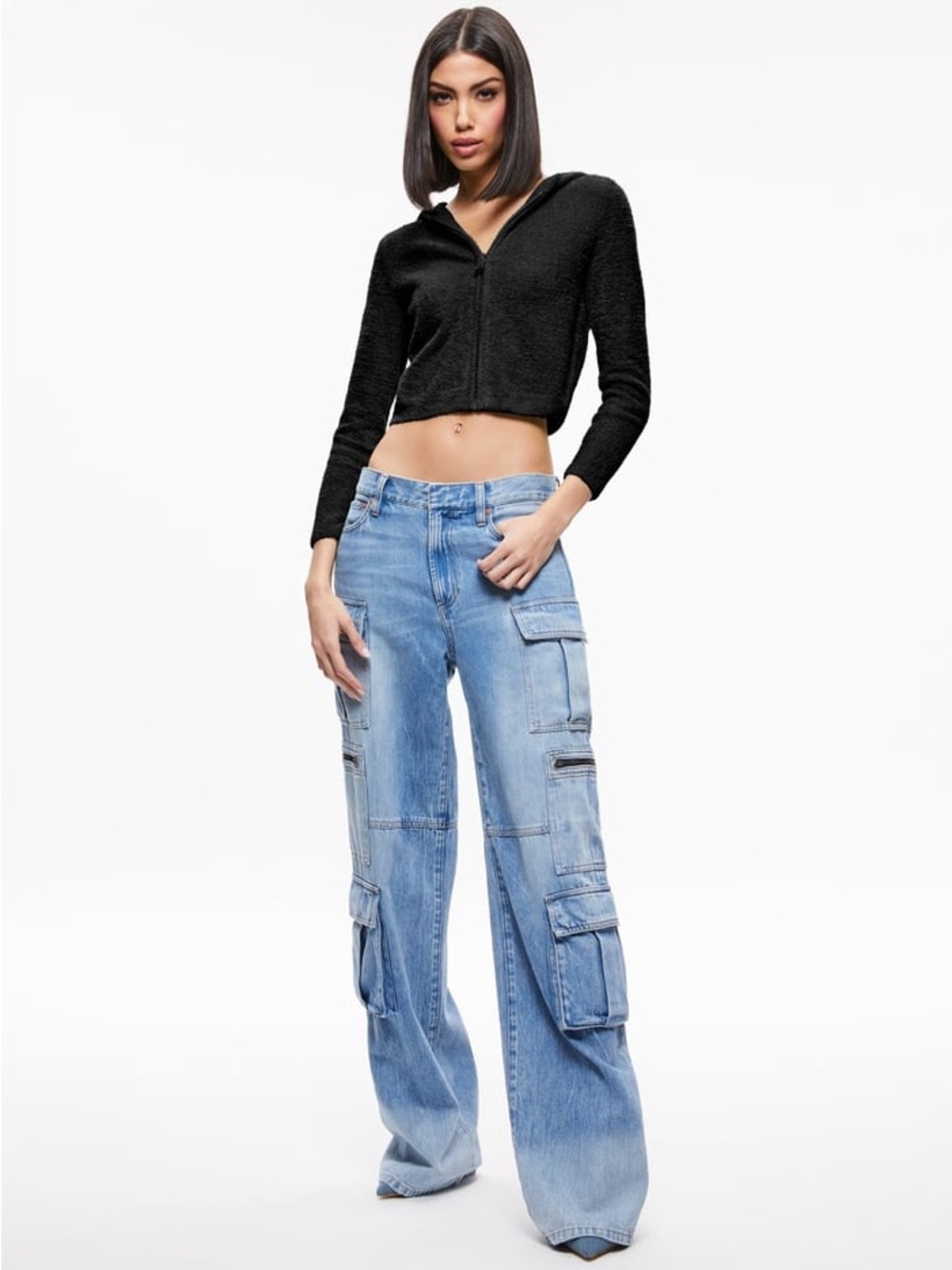 Alice + Olivia Black Super Soft Fuzzy Chenille Cropped Zip Up Hoodie
